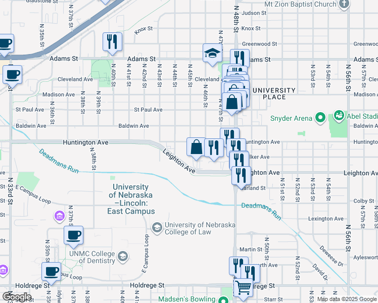 map of restaurants, bars, coffee shops, grocery stores, and more near 4684 Leighton Avenue in Lincoln