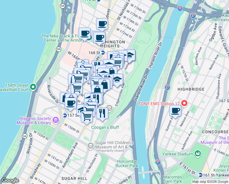 map of restaurants, bars, coffee shops, grocery stores, and more near 440 West 164th Street in New York