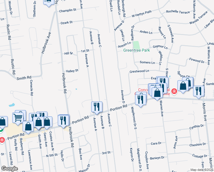 map of restaurants, bars, coffee shops, grocery stores, and more near 259 Avenue C in Lake Ronkonkoma