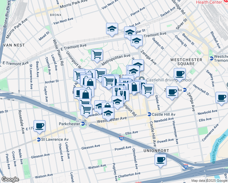 map of restaurants, bars, coffee shops, grocery stores, and more near 1516 Unionport Road in Bronx