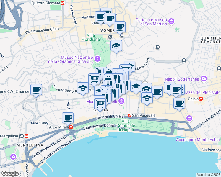 map of restaurants, bars, coffee shops, grocery stores, and more near 67-69 Via Giuseppe Martucci in Naples