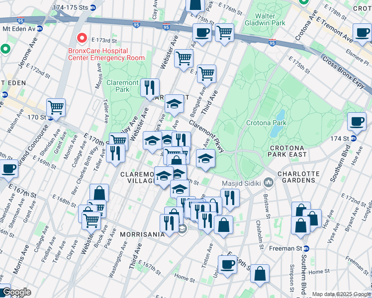map of restaurants, bars, coffee shops, grocery stores, and more near 1432 Fulton Avenue in Bronx
