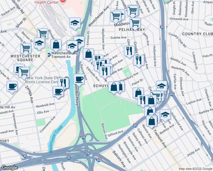 map of restaurants, bars, coffee shops, grocery stores, and more near 3182 East Tremont Avenue in Bronx