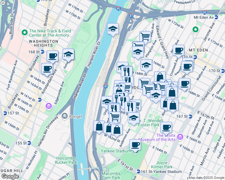 map of restaurants, bars, coffee shops, grocery stores, and more near 1105 University Avenue in Bronx