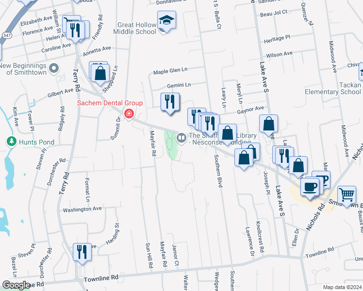map of restaurants, bars, coffee shops, grocery stores, and more near 148 Smithtown Boulevard in Nesconset