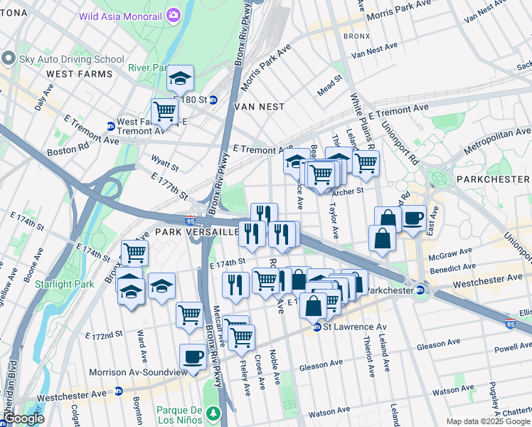 map of restaurants, bars, coffee shops, grocery stores, and more near in The Bronx