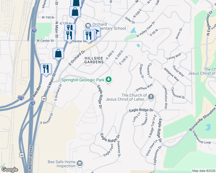 map of restaurants, bars, coffee shops, grocery stores, and more near 410 Springhill Circle in North Salt Lake
