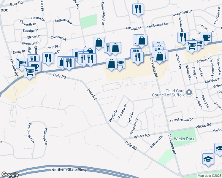 map of restaurants, bars, coffee shops, grocery stores, and more near 17 Alister Circle in East Northport