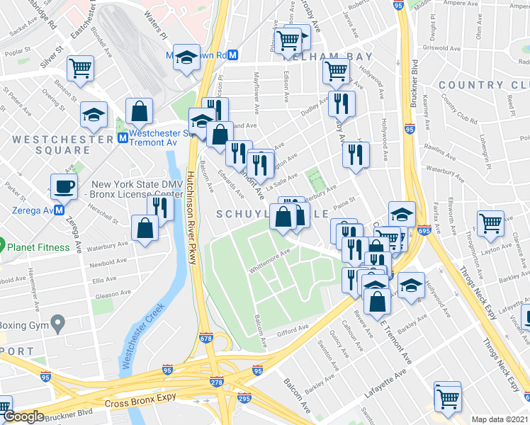 map of restaurants, bars, coffee shops, grocery stores, and more near 2749 Waterbury Avenue in Bronx