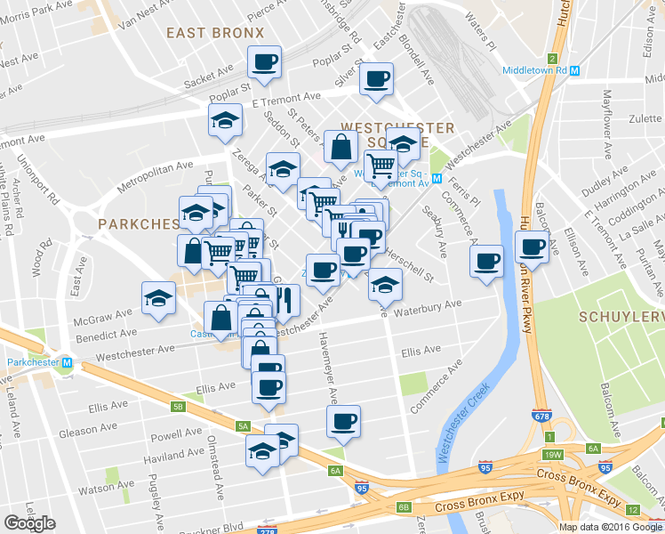 map of restaurants, bars, coffee shops, grocery stores, and more near 2309 Westchester Avenue in The Bronx