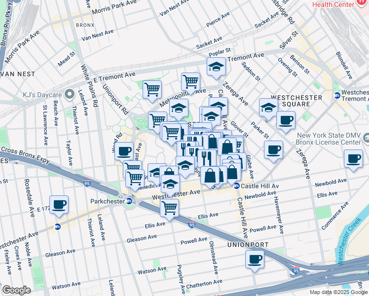 map of restaurants, bars, coffee shops, grocery stores, and more near 2095 Starling Avenue in Bronx