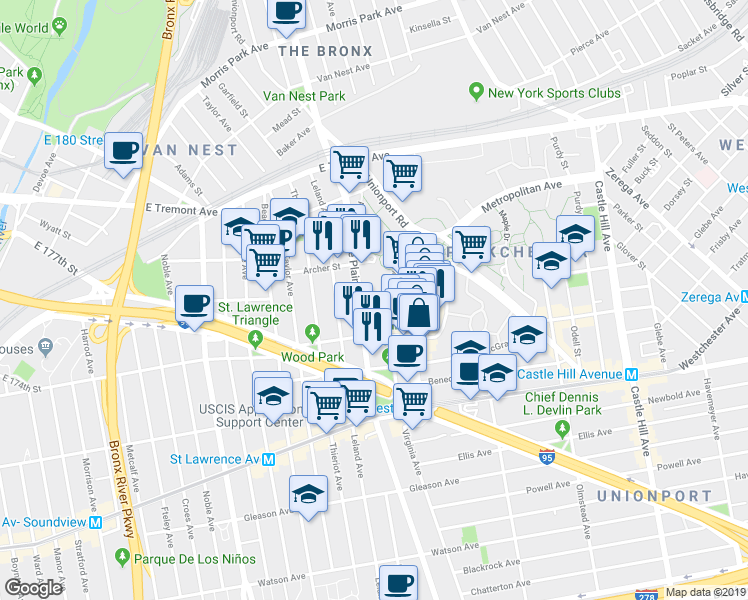 map of restaurants, bars, coffee shops, grocery stores, and more near 1410 White Plains Road in The Bronx