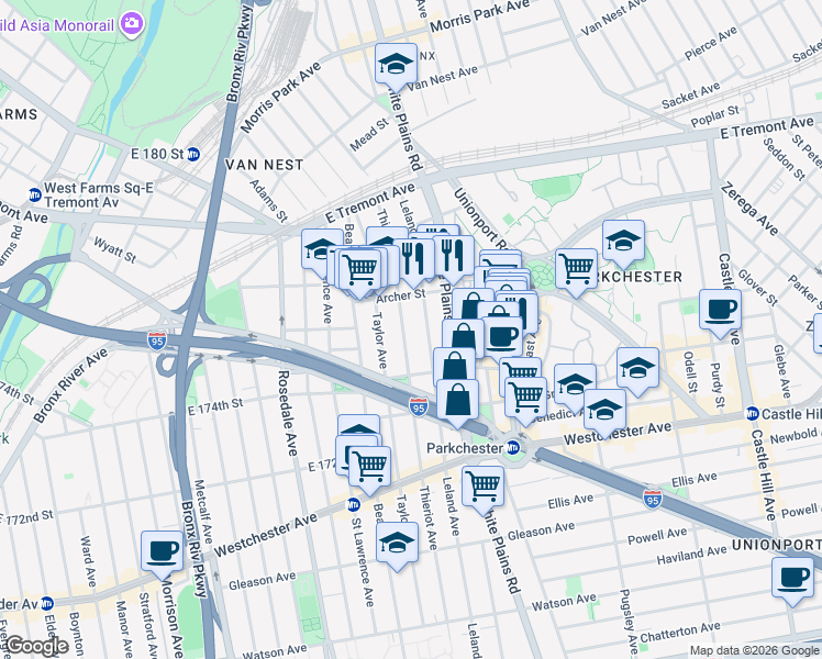 map of restaurants, bars, coffee shops, grocery stores, and more near 1417 Leland Avenue in The Bronx