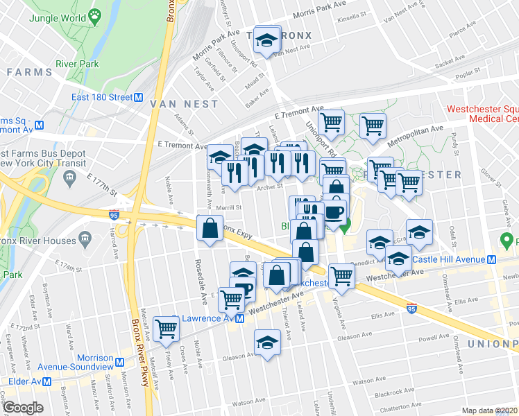 map of restaurants, bars, coffee shops, grocery stores, and more near 1422 Taylor Avenue in Bronx