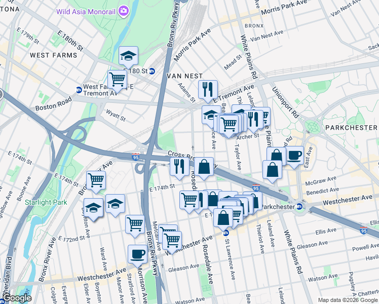 map of restaurants, bars, coffee shops, grocery stores, and more near in The Bronx