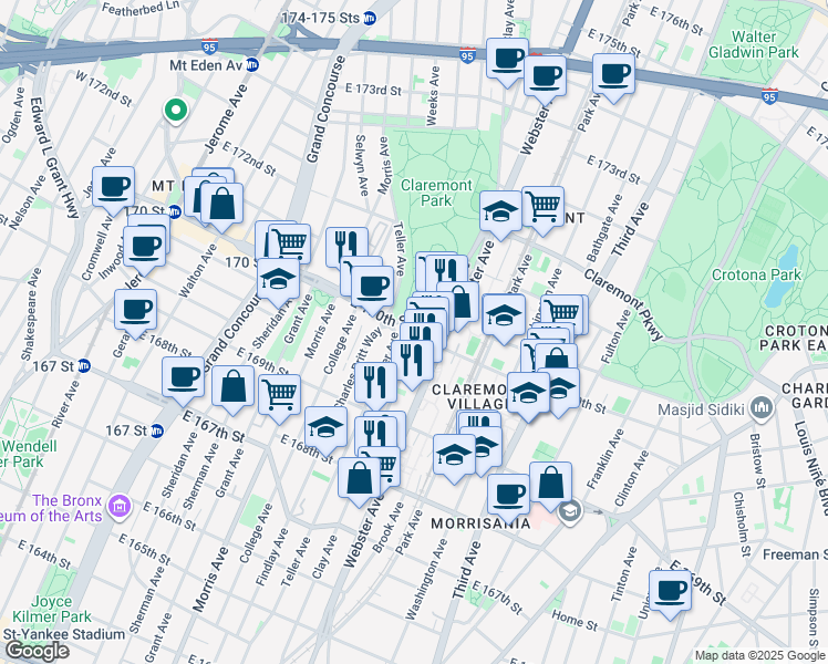 map of restaurants, bars, coffee shops, grocery stores, and more near in The Bronx