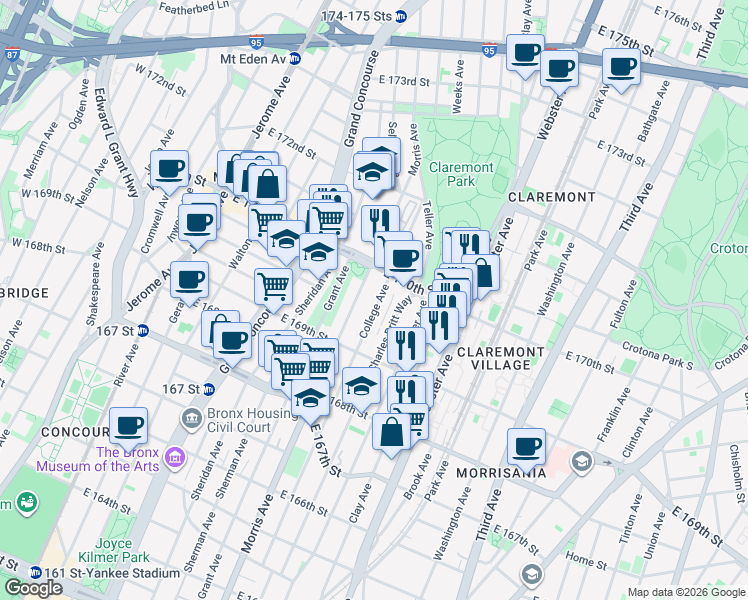 map of restaurants, bars, coffee shops, grocery stores, and more near 1340 College Avenue in Bronx