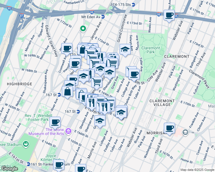 map of restaurants, bars, coffee shops, grocery stores, and more near 233 East 169th Street in Bronx