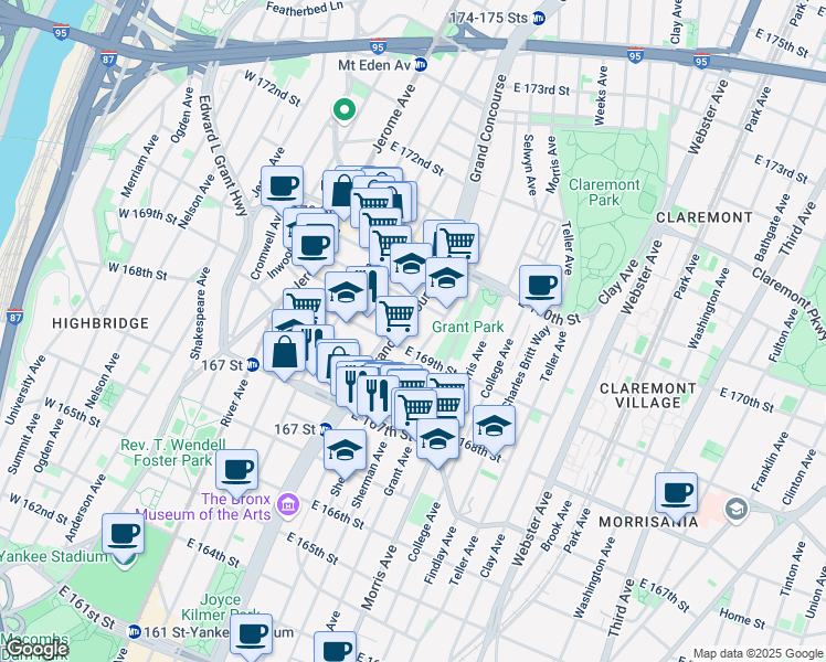 map of restaurants, bars, coffee shops, grocery stores, and more near in The Bronx