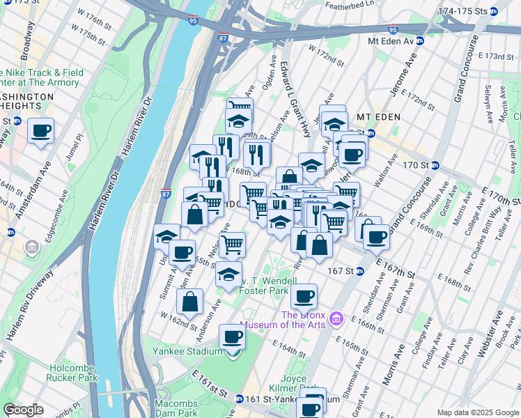 map of restaurants, bars, coffee shops, grocery stores, and more near 36 West 167th Street in Bronx