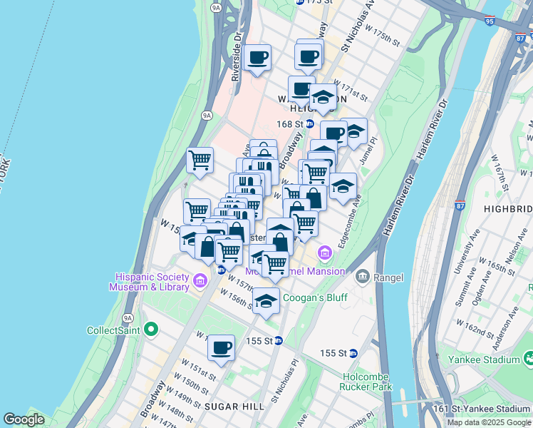 map of restaurants, bars, coffee shops, grocery stores, and more near 572 West 161st Street in New York