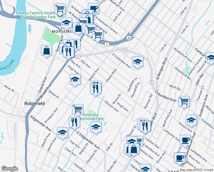 map of restaurants, bars, coffee shops, grocery stores, and more near 700 Shaler Boulevard in Ridgefield