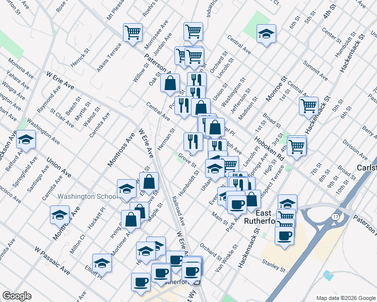 map of restaurants, bars, coffee shops, grocery stores, and more near 322 Grove Street in East Rutherford