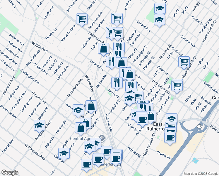 map of restaurants, bars, coffee shops, grocery stores, and more near 322 Grove Street in East Rutherford