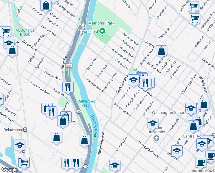 map of restaurants, bars, coffee shops, grocery stores, and more near 32 Carneer Avenue in Rutherford