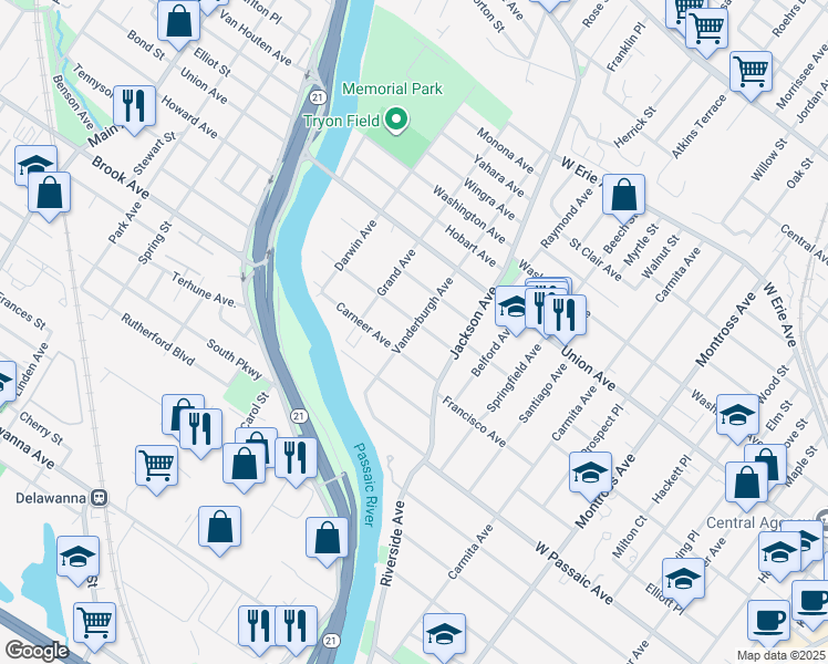 map of restaurants, bars, coffee shops, grocery stores, and more near 32 Carneer Avenue in Rutherford