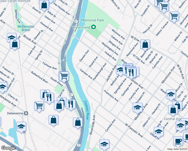 map of restaurants, bars, coffee shops, grocery stores, and more near 32 Carneer Avenue in Rutherford