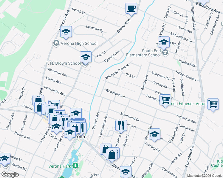 map of restaurants, bars, coffee shops, grocery stores, and more near 167 Woodland Avenue in Verona