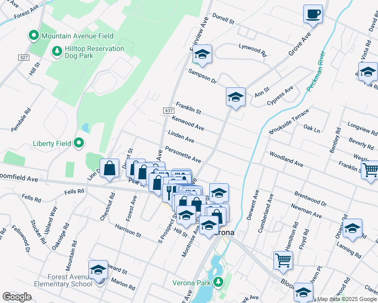 map of restaurants, bars, coffee shops, grocery stores, and more near 79 Personette Avenue in Verona