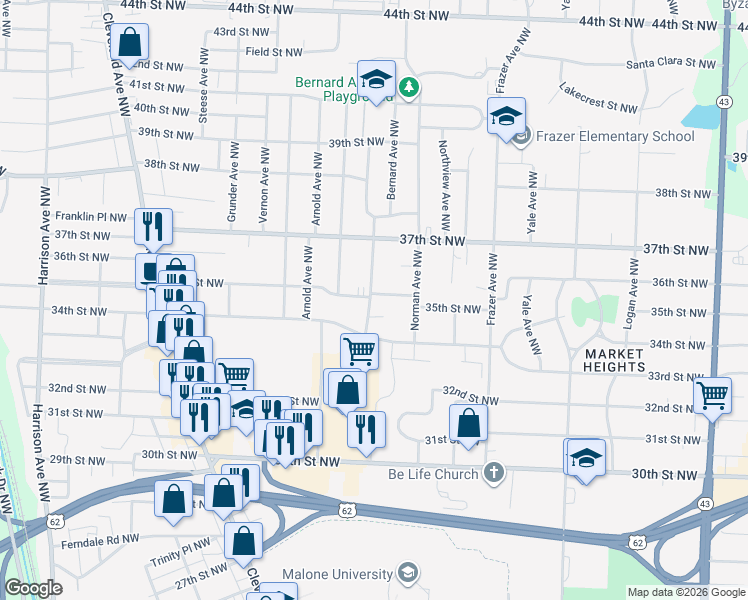 map of restaurants, bars, coffee shops, grocery stores, and more near 3417 Westview Avenue Northwest in Canton