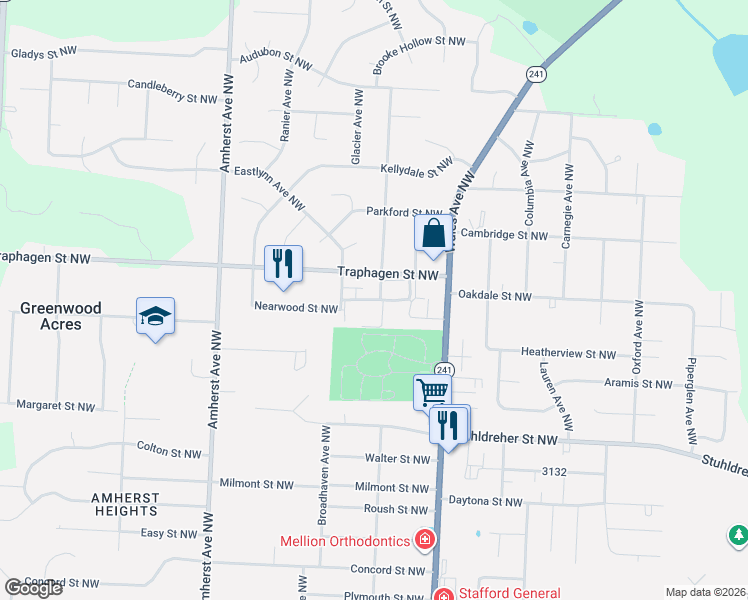 map of restaurants, bars, coffee shops, grocery stores, and more near 8220 Traphagen Street Northwest in Massillon