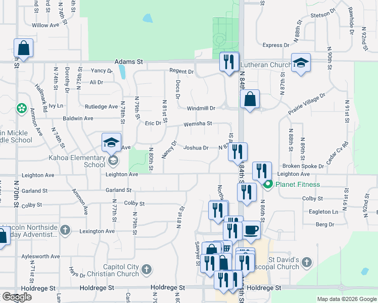 map of restaurants, bars, coffee shops, grocery stores, and more near 8141 Whitney Court in Lincoln