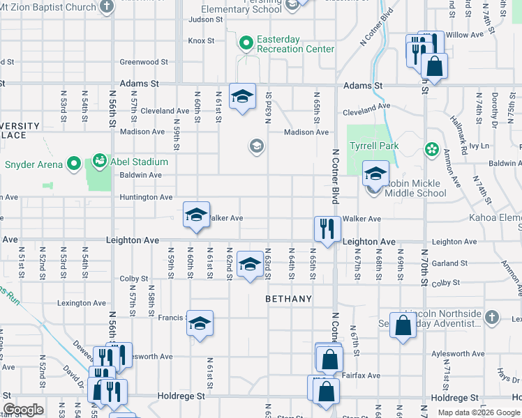 map of restaurants, bars, coffee shops, grocery stores, and more near 2330 North 63rd Street in Lincoln