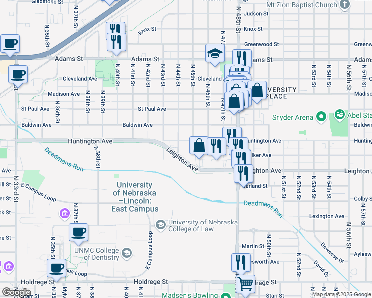 map of restaurants, bars, coffee shops, grocery stores, and more near 2334 North 44th Street in Lincoln
