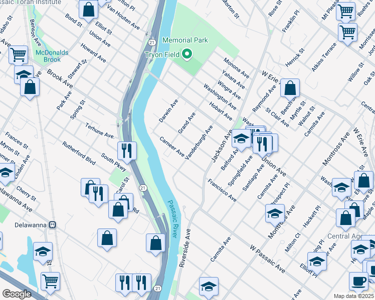 map of restaurants, bars, coffee shops, grocery stores, and more near 32 Carneer Avenue in Rutherford