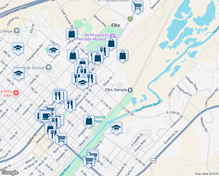 map of restaurants, bars, coffee shops, grocery stores, and more near 1246 River Street in Elko