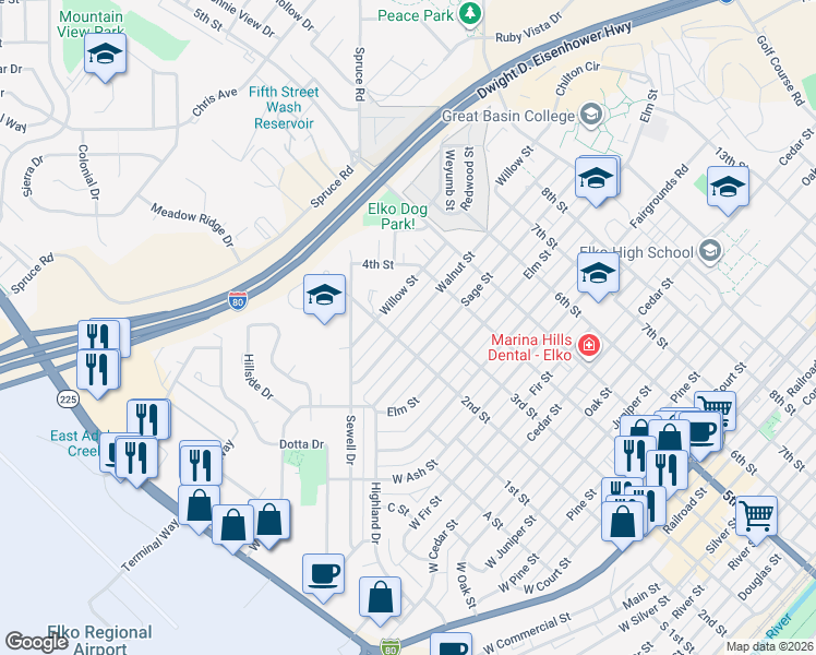 map of restaurants, bars, coffee shops, grocery stores, and more near 1401-1499 2nd Street in Elko