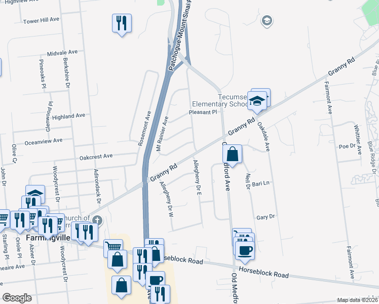 map of restaurants, bars, coffee shops, grocery stores, and more near 3 Allegheny Drive West in Farmingville