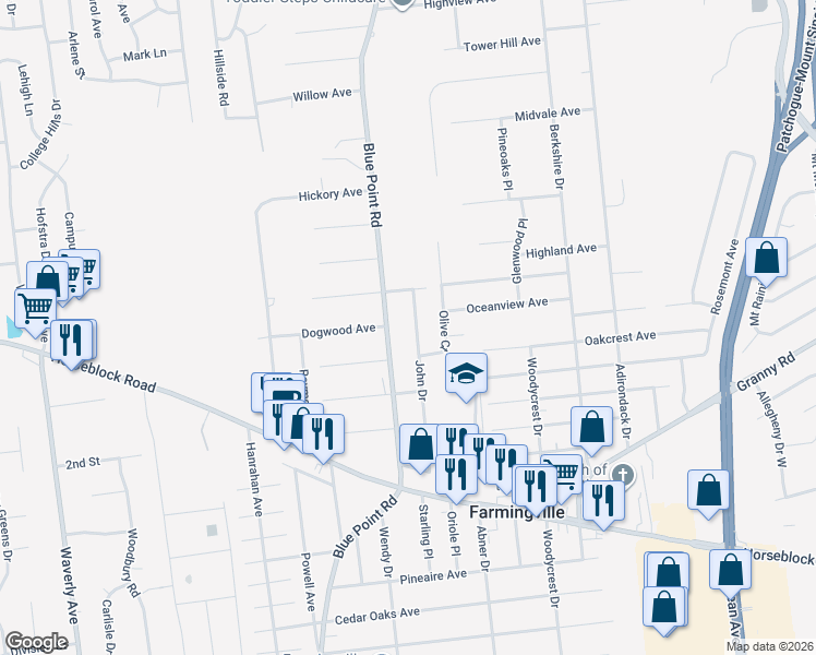 map of restaurants, bars, coffee shops, grocery stores, and more near 30 John Drive in Farmingville