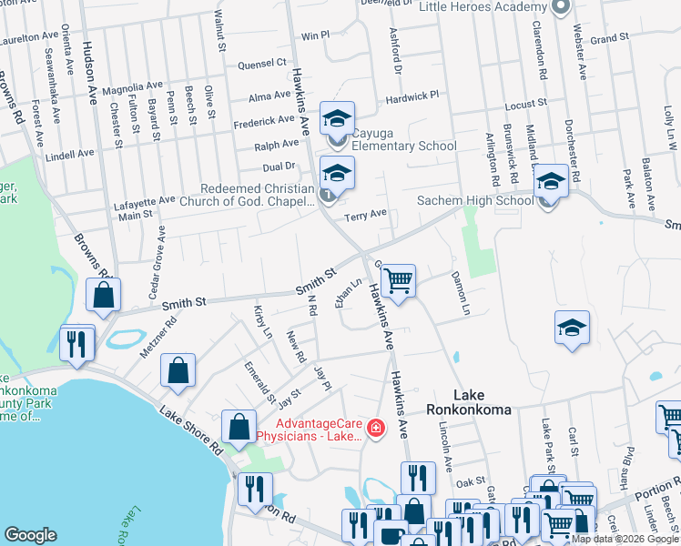 map of restaurants, bars, coffee shops, grocery stores, and more near 24 Ethan Lane in Ronkonkoma