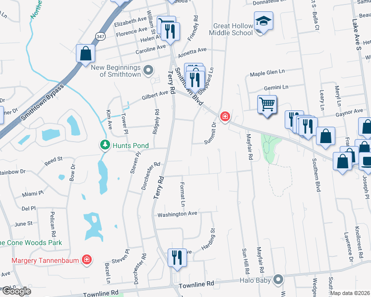 map of restaurants, bars, coffee shops, grocery stores, and more near 9 Bonny Court in Smithtown