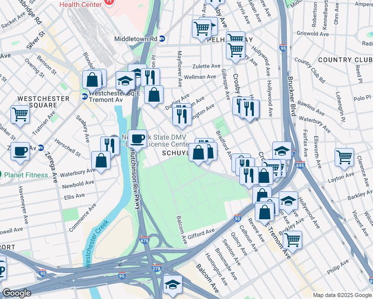 map of restaurants, bars, coffee shops, grocery stores, and more near 2737 Waterbury Avenue in Bronx
