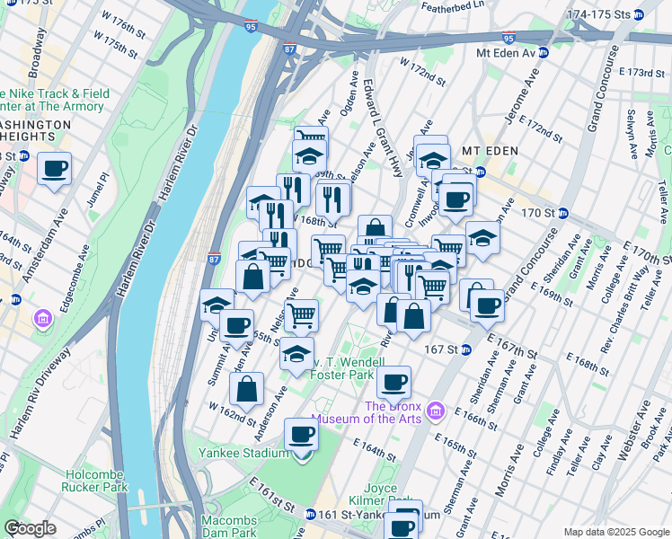 map of restaurants, bars, coffee shops, grocery stores, and more near 1200 Woodycrest Avenue in The Bronx