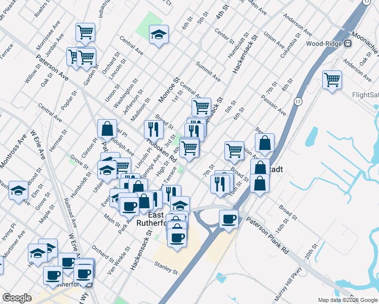 map of restaurants, bars, coffee shops, grocery stores, and more near 326 Hackensack Street in Carlstadt