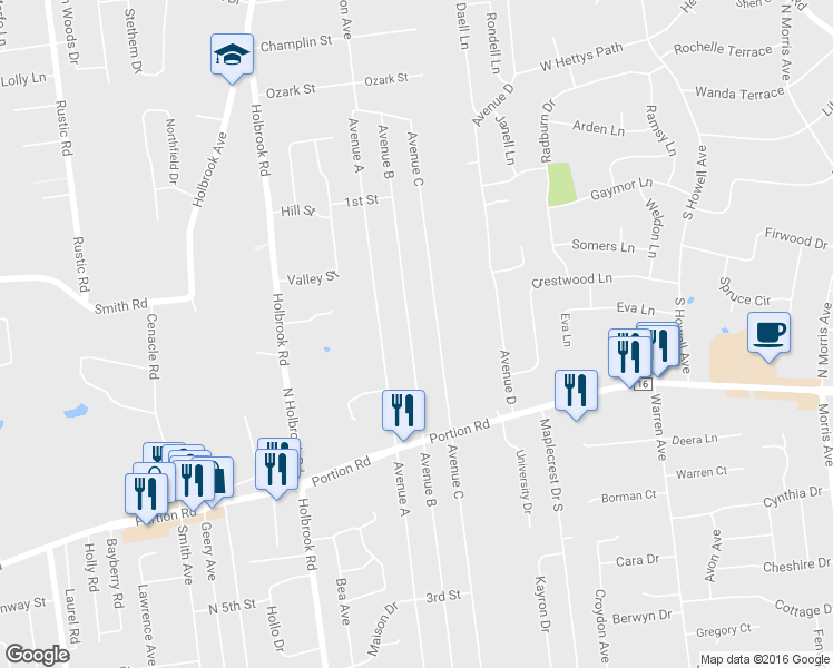 map of restaurants, bars, coffee shops, grocery stores, and more near 271 Avenue B in Ronkonkoma