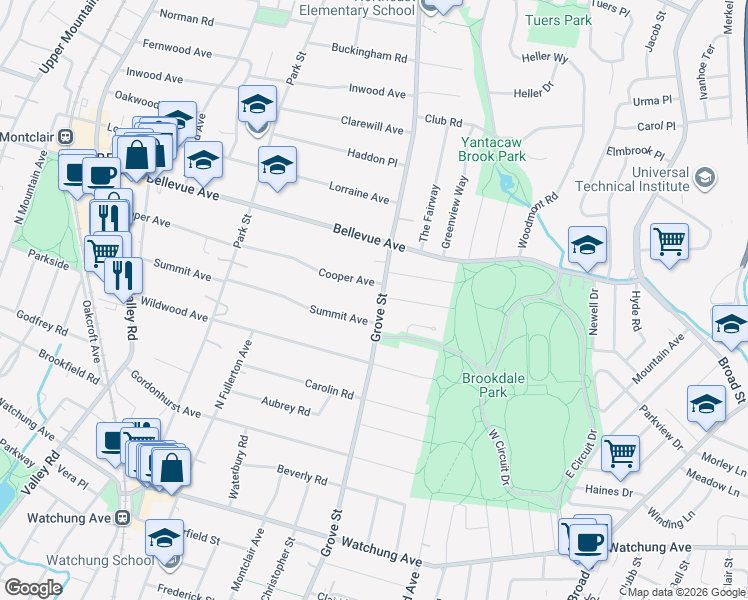 map of restaurants, bars, coffee shops, grocery stores, and more near 451 Grove Street in Montclair
